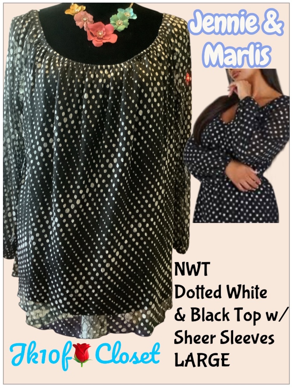 LOWEST🌺 NWT Jennie & Marlis LARGE BLK/ WHTE Polka Dot Sheer Sleeve Blouse
